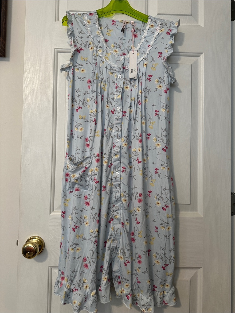 NWT Light Blue Floral Button-Front Nightgown with Ruffle Trim and pocket